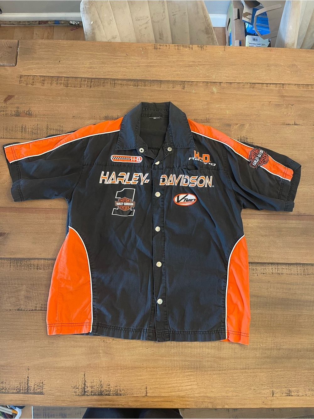 Vintage Harley-Davidson Black and Orange Racing Logo Button-Up Shirt